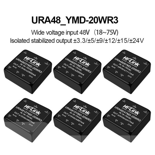 URA4805YMD-20WR3 URA4812YMD/URA4815YMD/URA4824YMD DCDC power module 48V to 3.3/5/9/12/15/24V isolated dual output